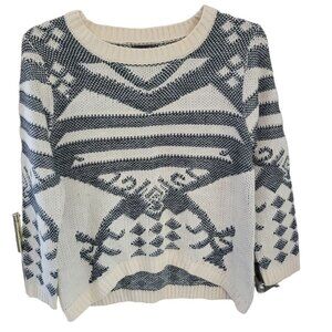Maddison Sz Small LS Crew Neck Cream Black Nordic Fair Isle Hi Lo Hem Sweater